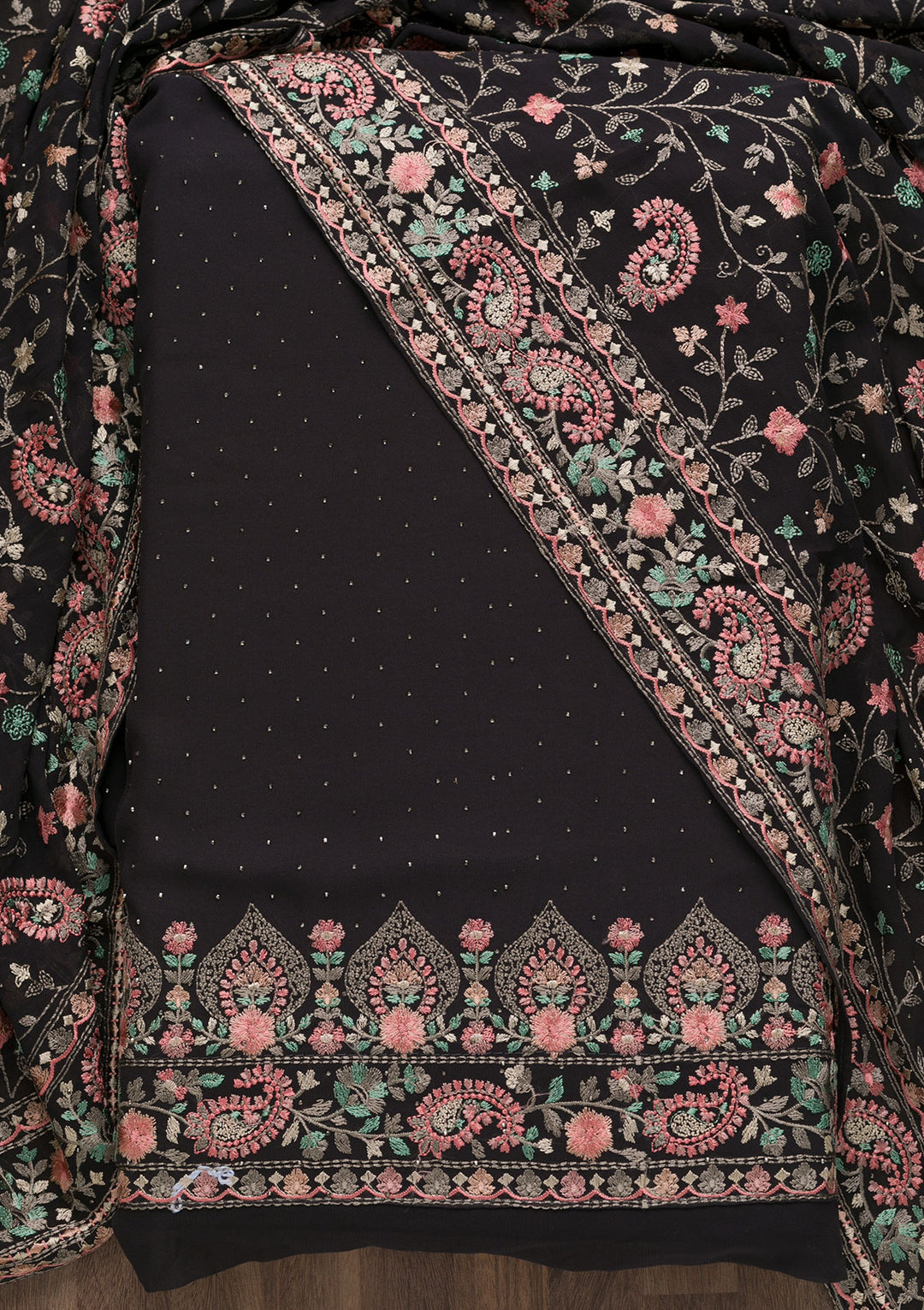 Black Threadwork Georgette Unstitched Salwar Suit-Koskii
