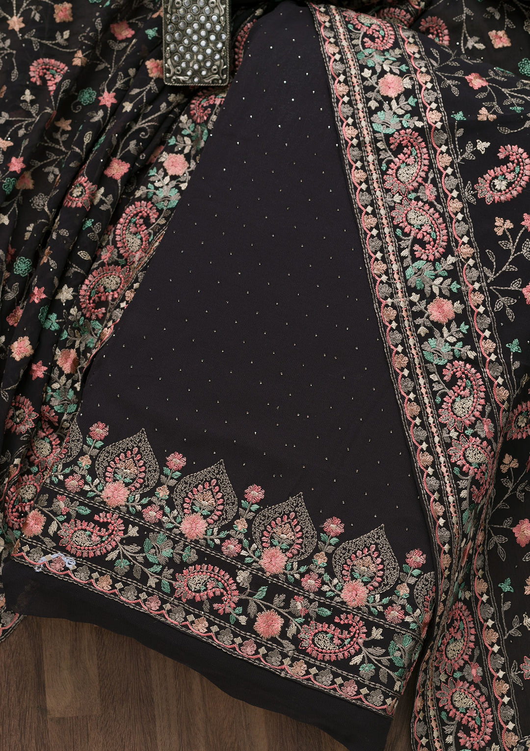 Black Threadwork Georgette Unstitched Salwar Suit-Koskii