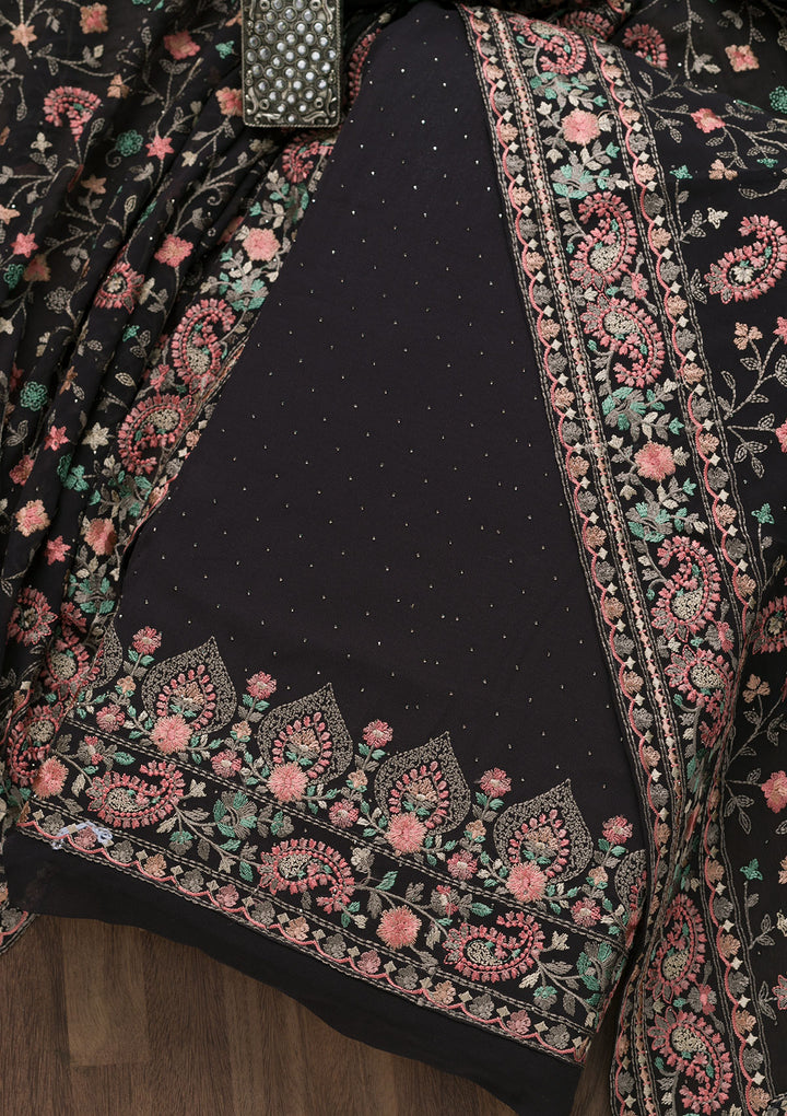Black Threadwork Georgette Unstitched Salwar Suit-Koskii