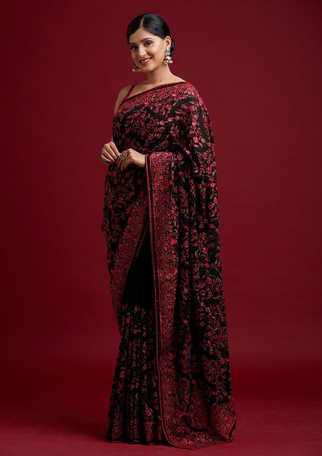 Black Threadwork Georgette Designer Saree - koskii