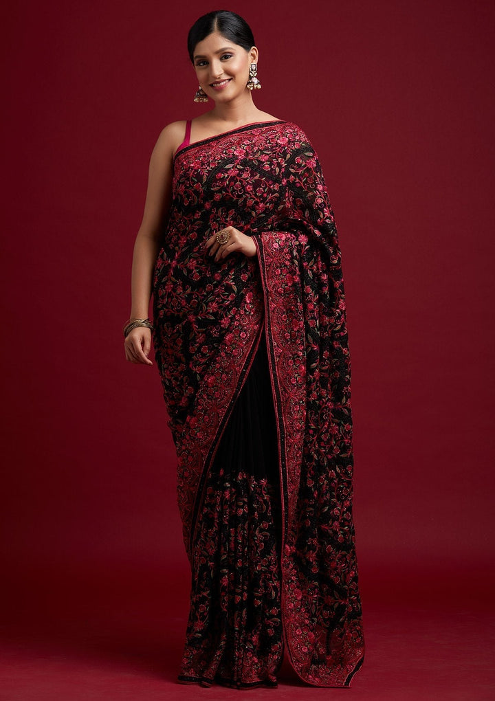 Black Threadwork Georgette Designer Saree - koskii