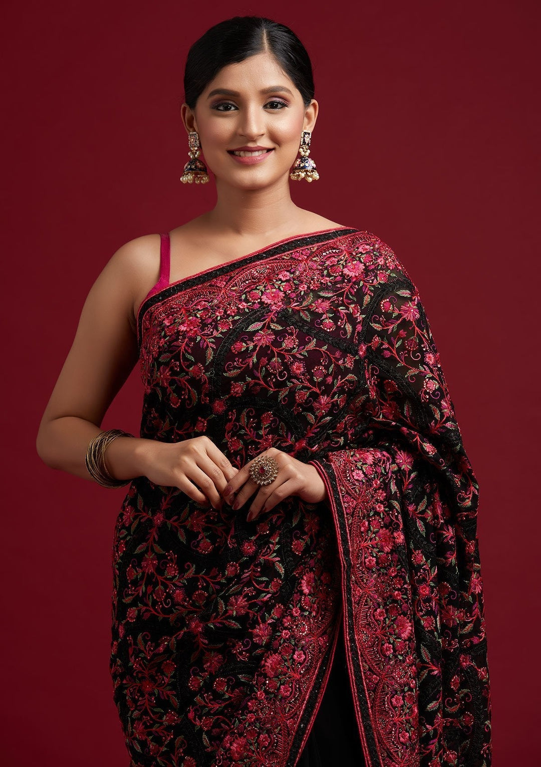 Black Threadwork Georgette Designer Saree - koskii