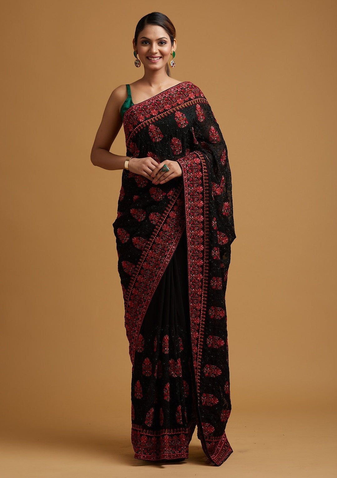 Black Threadwork Georgette Designer Saree - koskii
