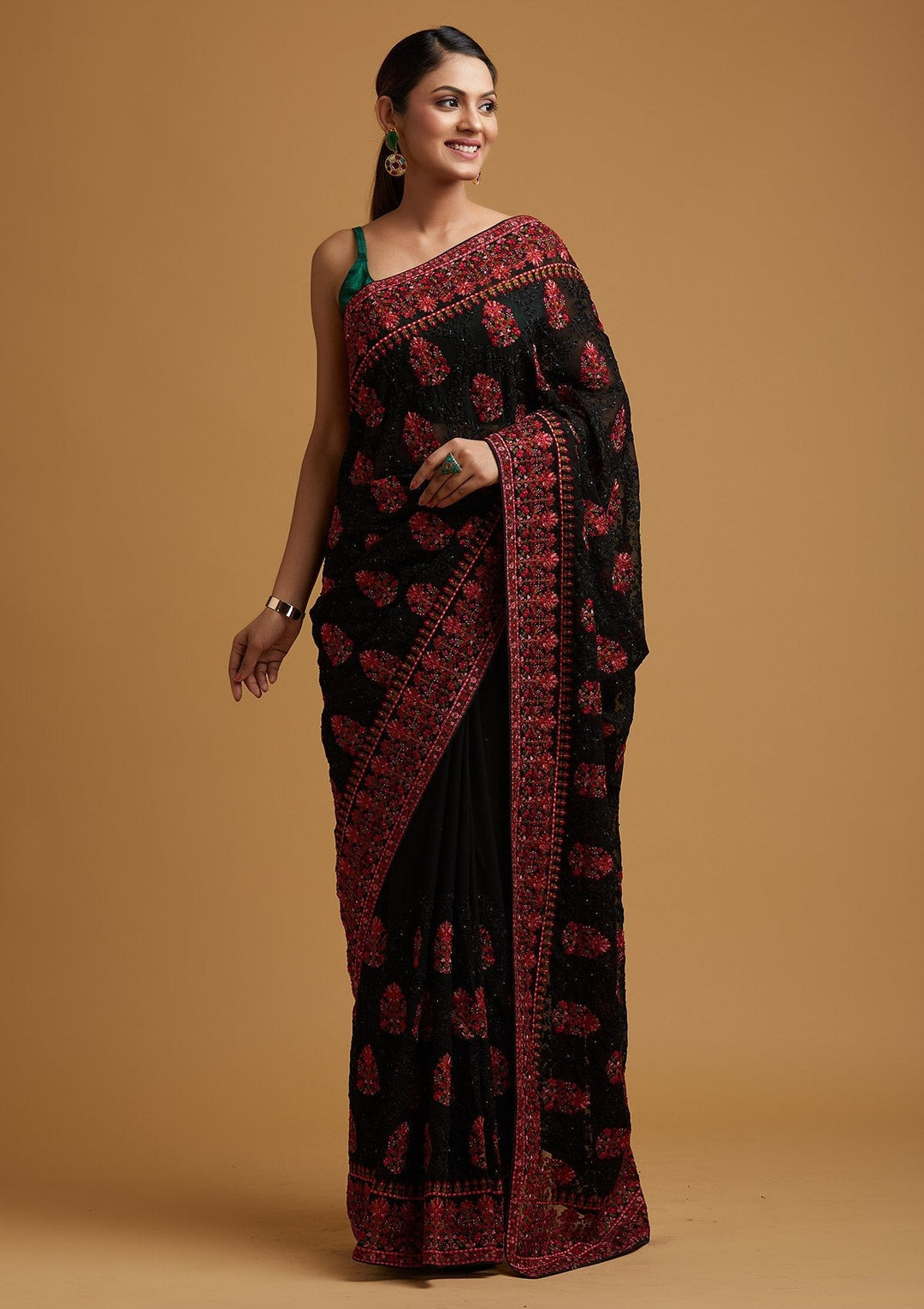 Black Threadwork Georgette Designer Saree - koskii