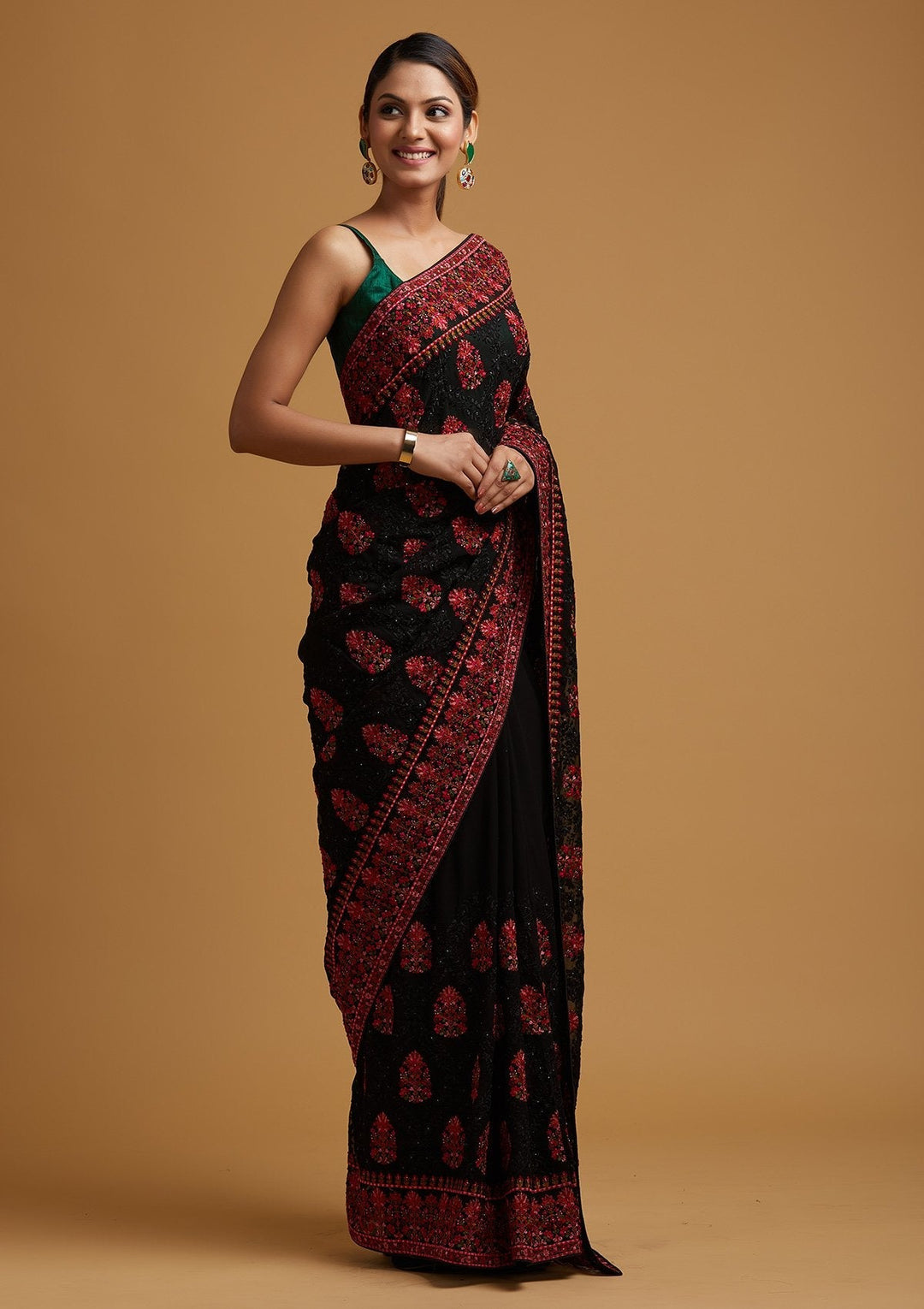Black Threadwork Georgette Designer Saree - koskii