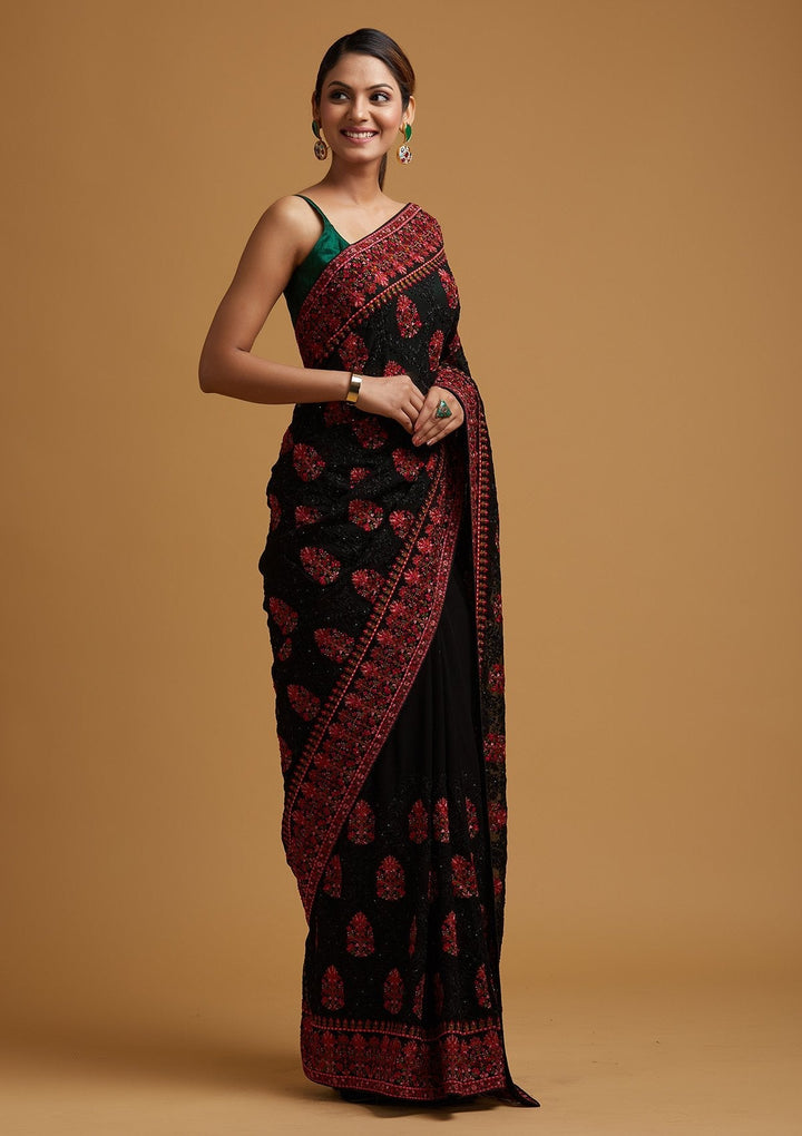 Black Threadwork Georgette Designer Saree - koskii