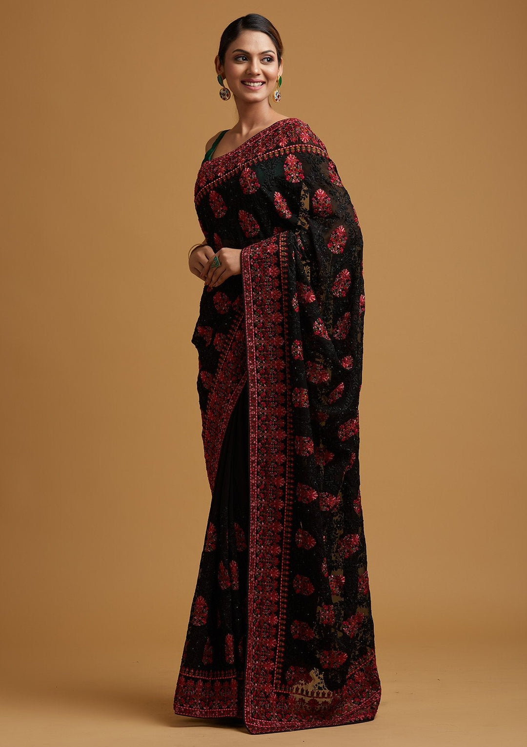 Black Threadwork Georgette Designer Saree - koskii