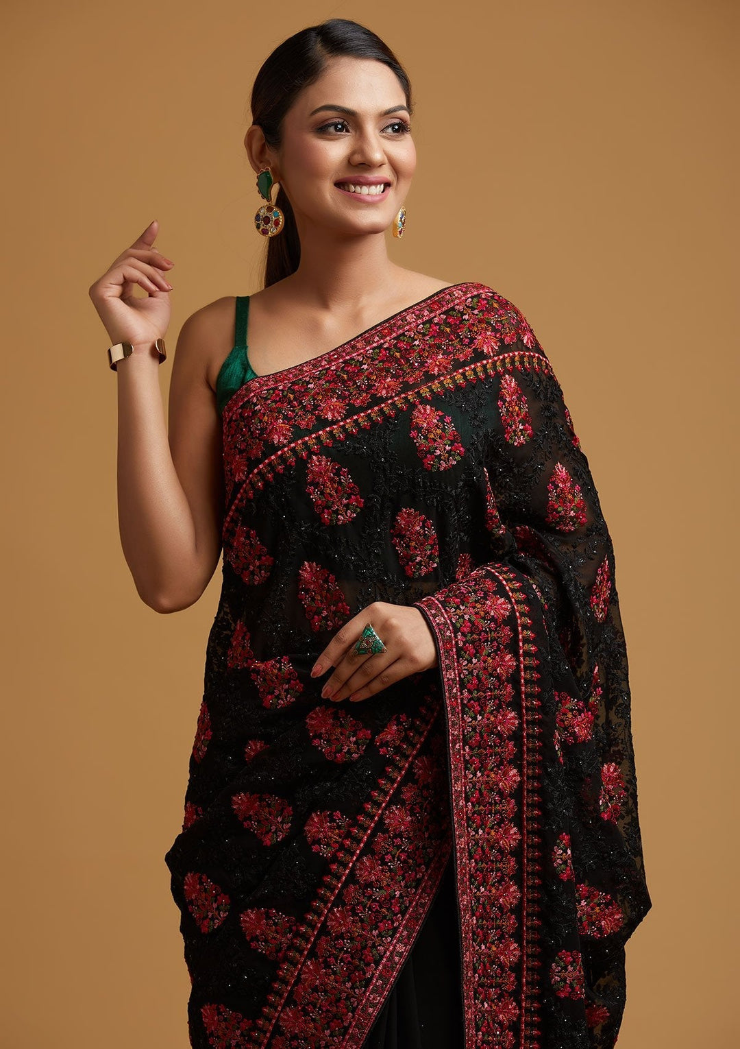 Black Threadwork Georgette Designer Saree - koskii