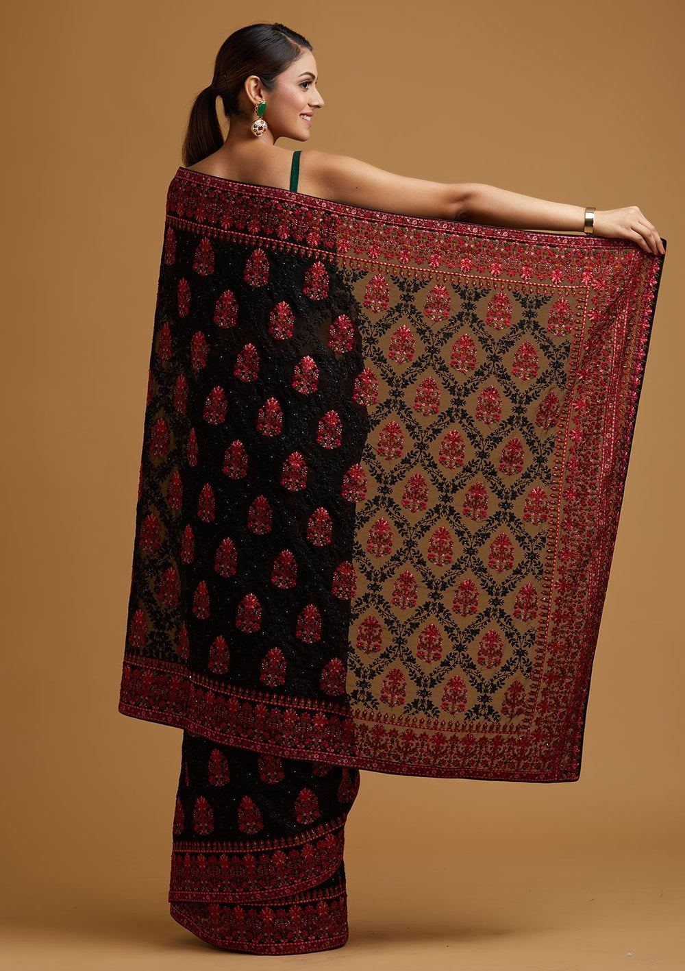 Black Threadwork Georgette Designer Saree - koskii