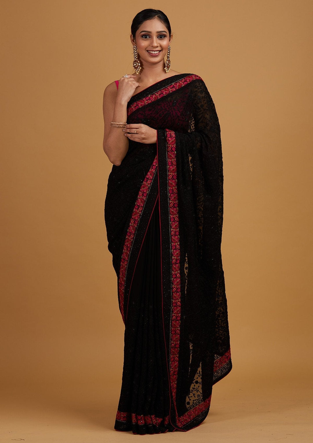 Black Threadwork Georgette Designer Saree - Koskii