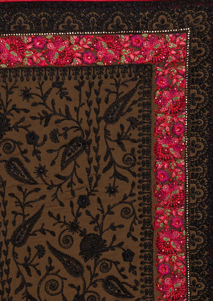 Black Threadwork Georgette Designer Saree - Koskii