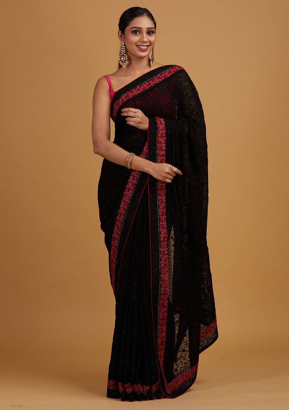 Black Threadwork Georgette Designer Saree - Koskii