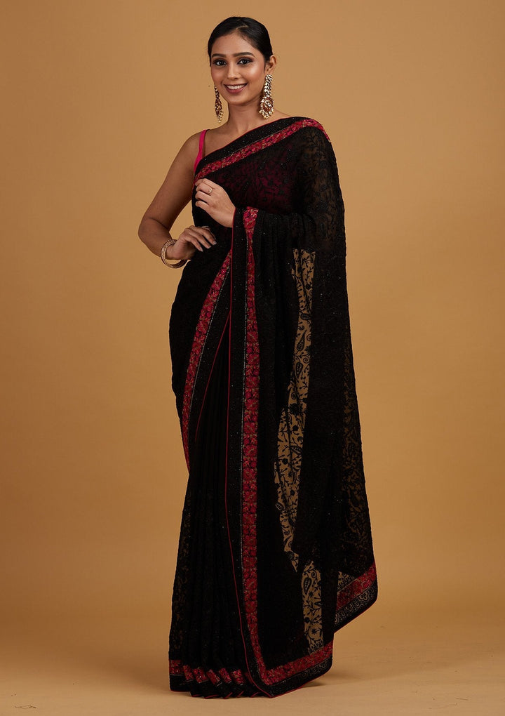 Black Threadwork Georgette Designer Saree - Koskii