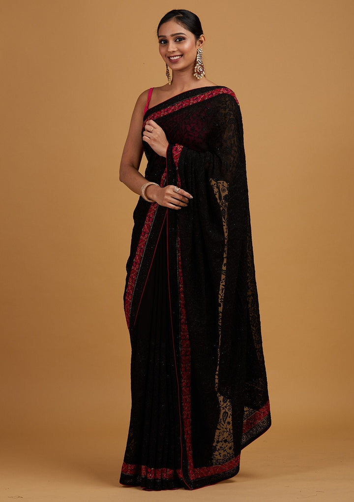 Black Threadwork Georgette Designer Saree - Koskii