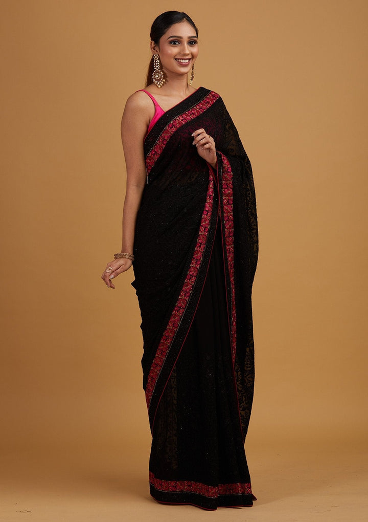 Black Threadwork Georgette Designer Saree - Koskii