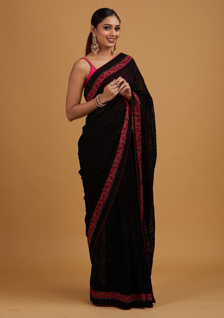 Black Threadwork Georgette Designer Saree - Koskii