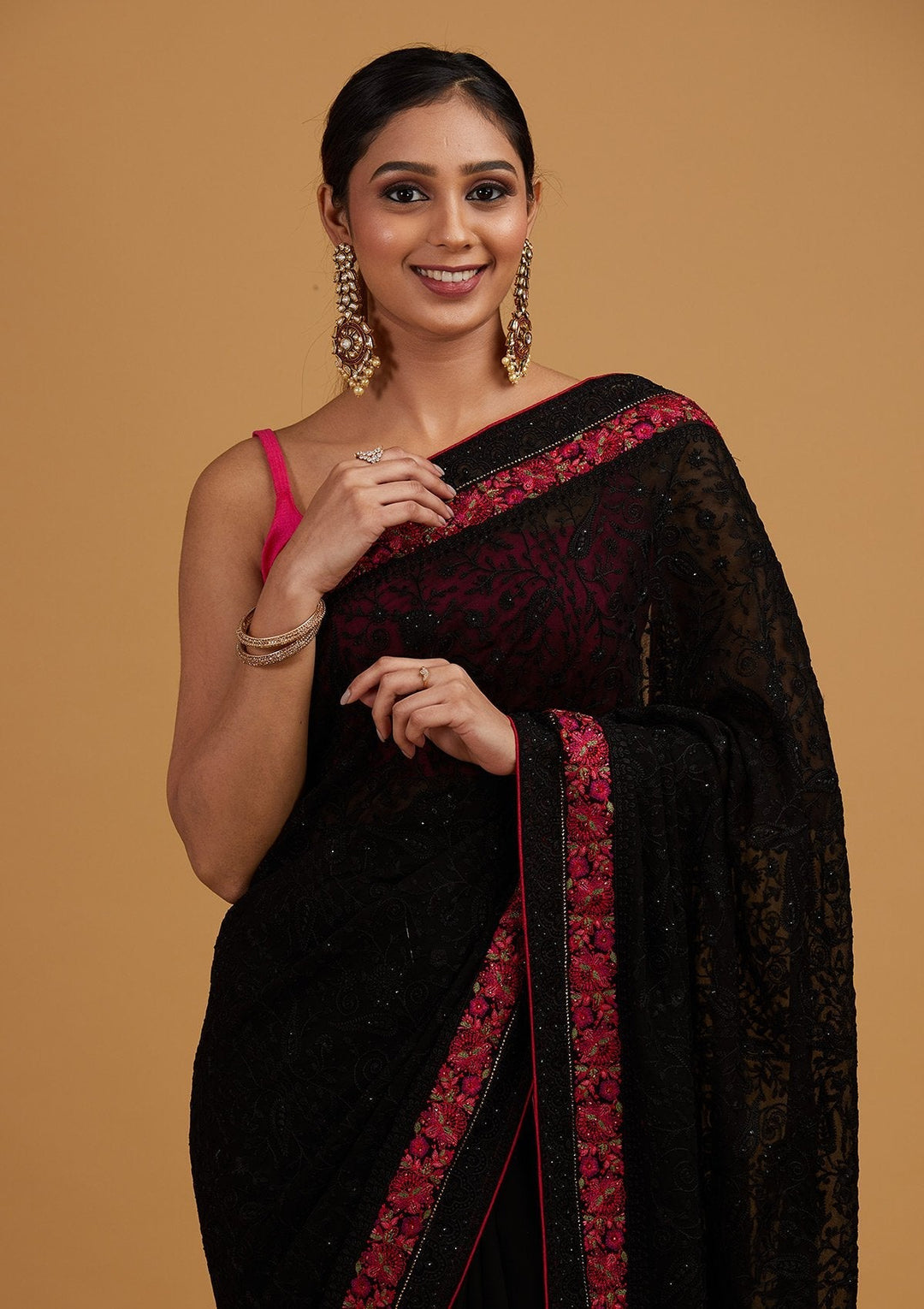 Black Threadwork Georgette Designer Saree - Koskii