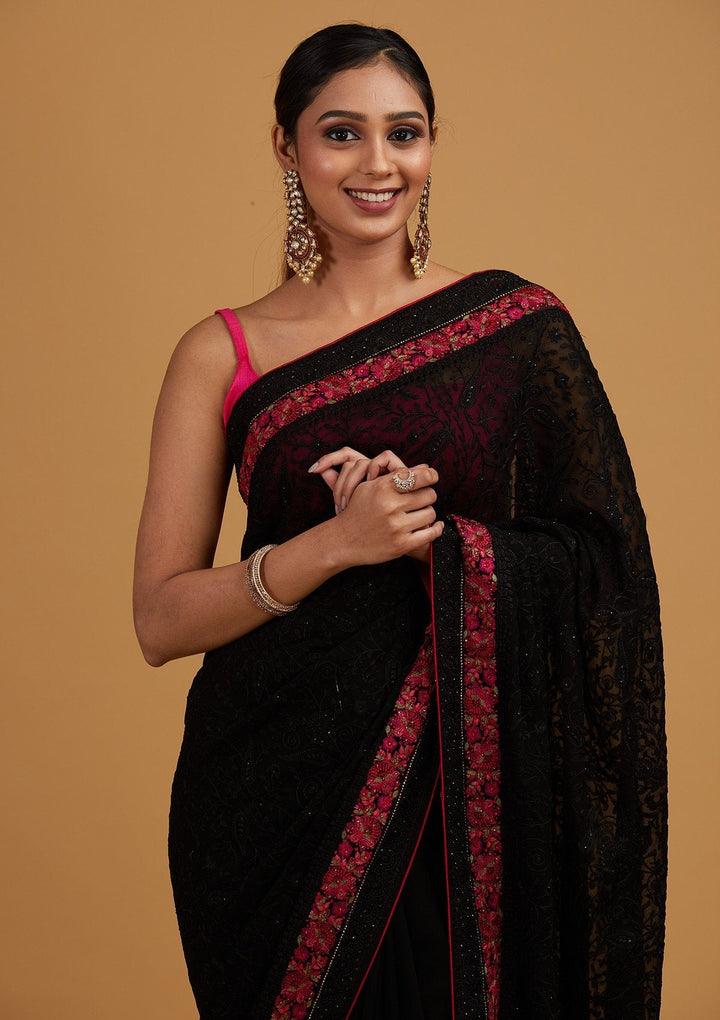 Black Threadwork Georgette Designer Saree - Koskii