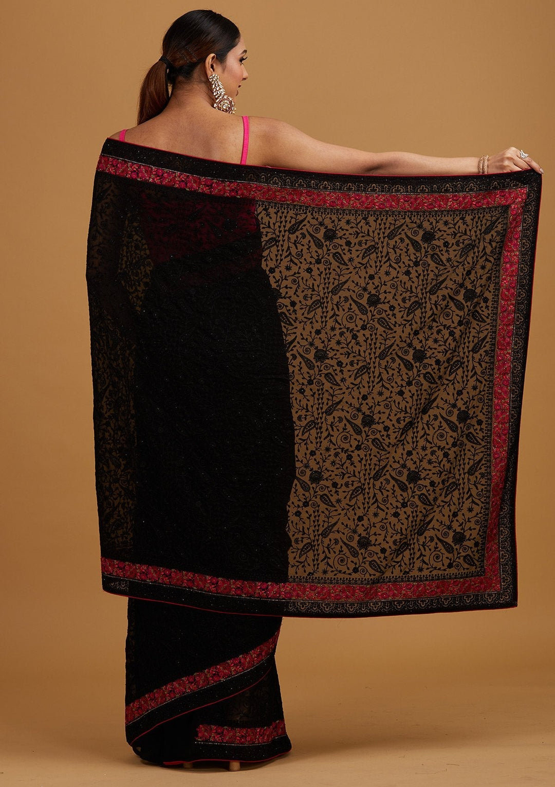 Black Threadwork Georgette Designer Saree - Koskii