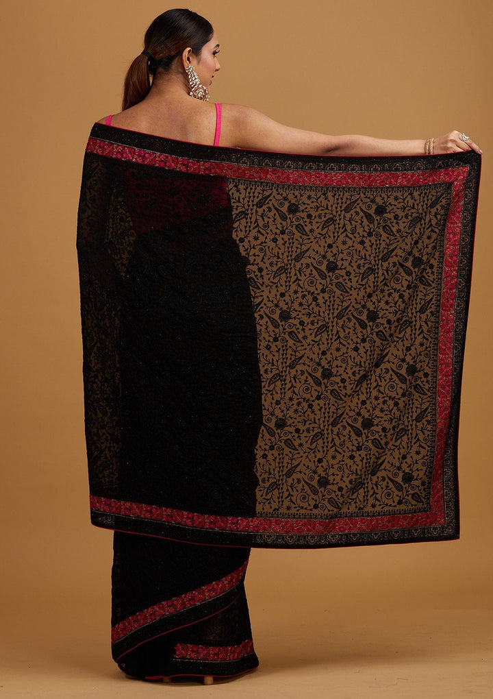 Black Threadwork Georgette Designer Saree - Koskii