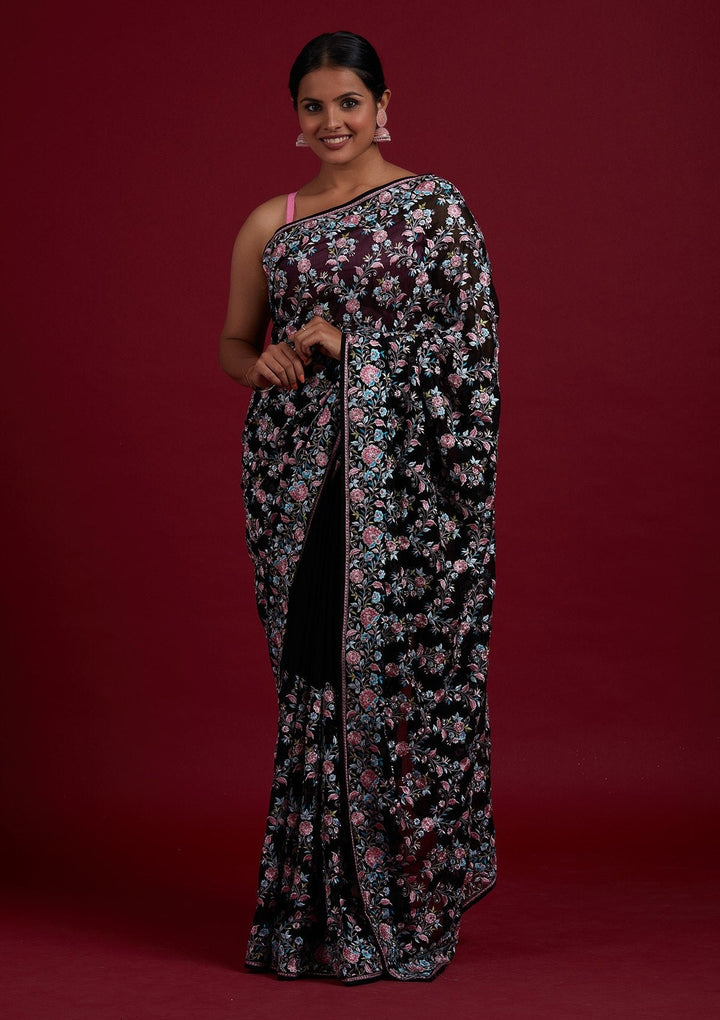 Black Threadwork Georgette Designer Saree - Koskii