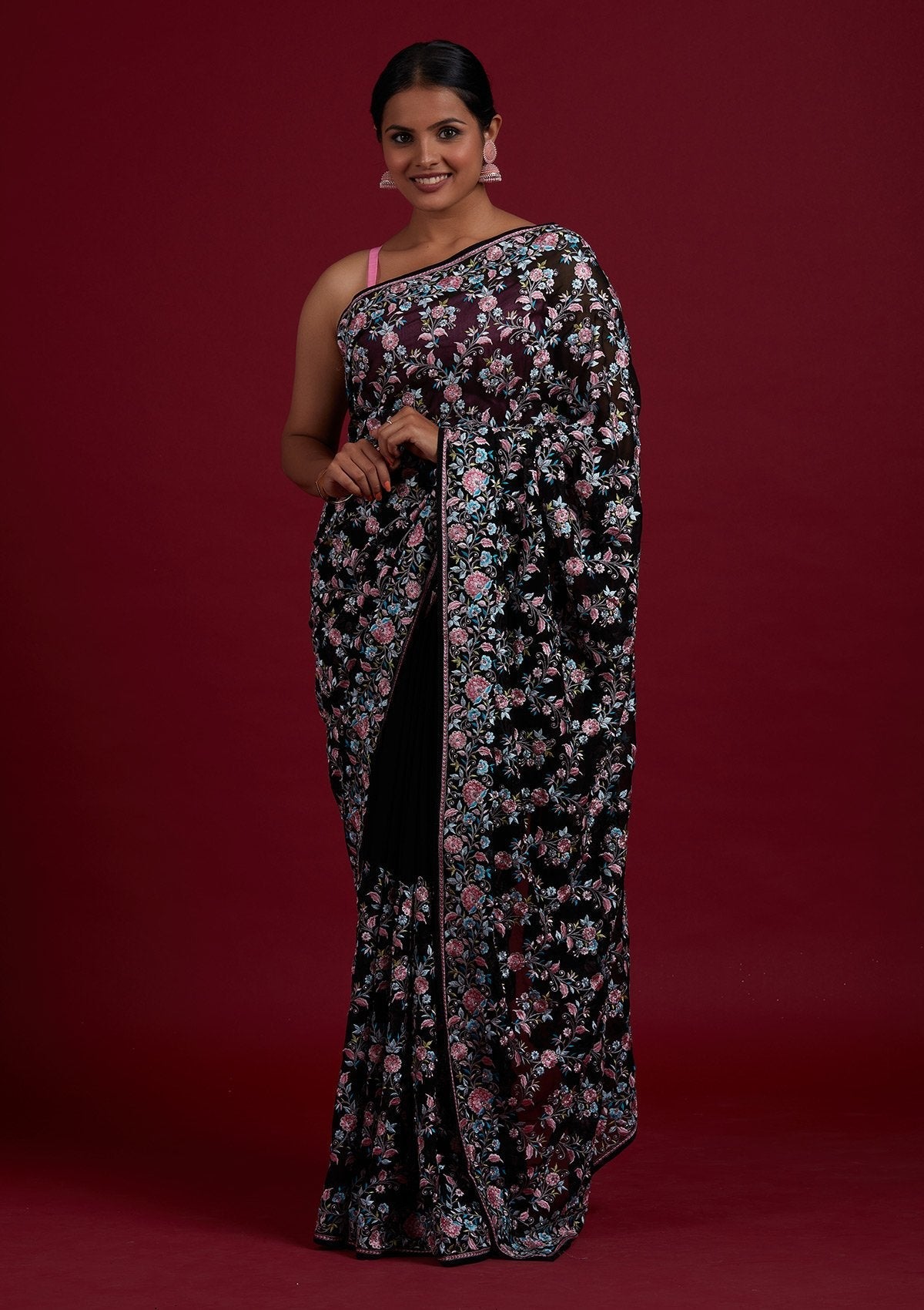 Black Threadwork Georgette Designer Saree - Koskii