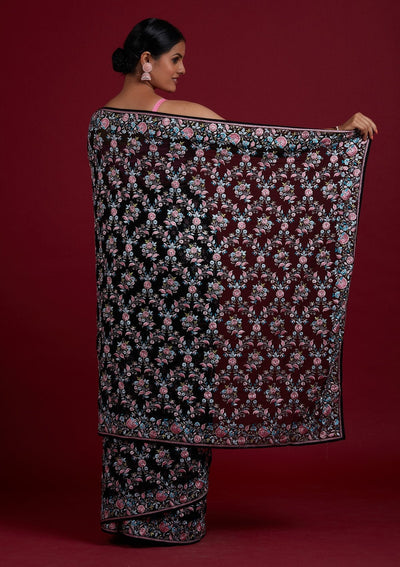 Black Threadwork Georgette Designer Saree - Koskii