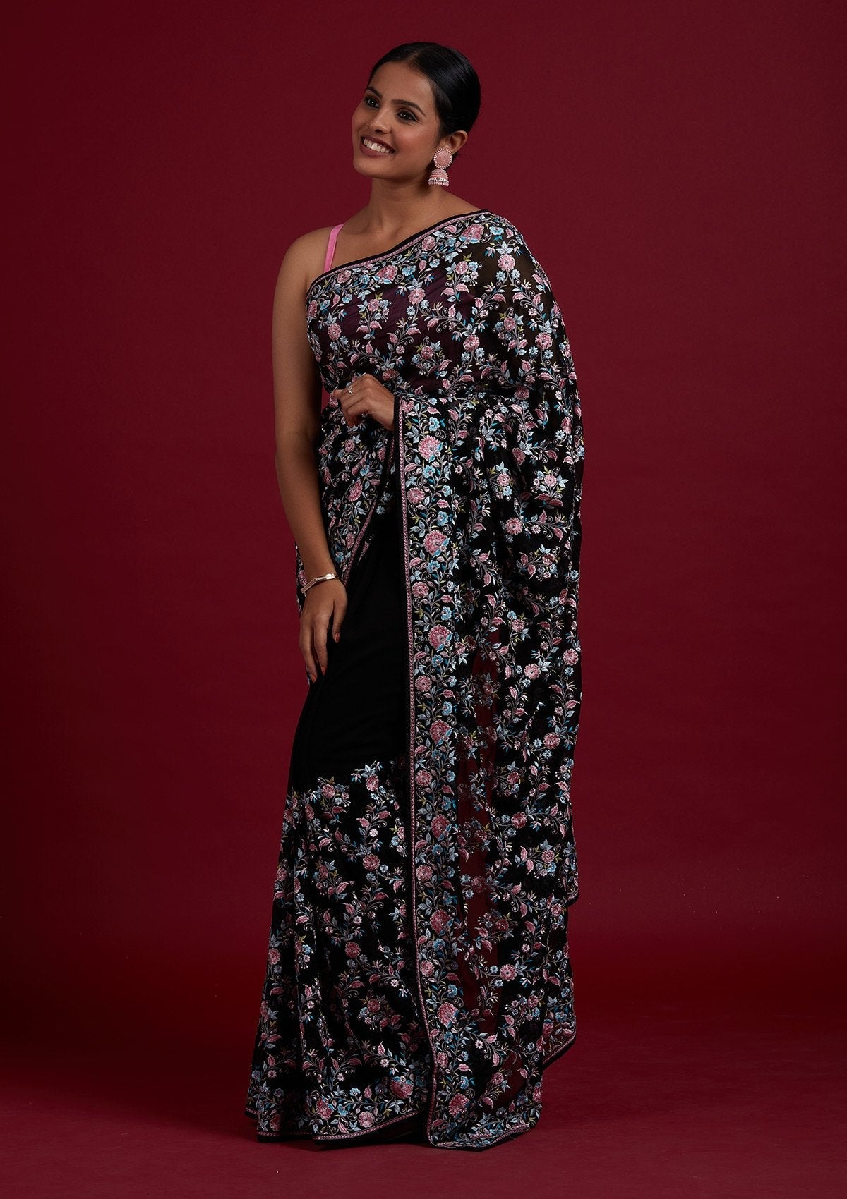 Black Threadwork Georgette Designer Saree - Koskii
