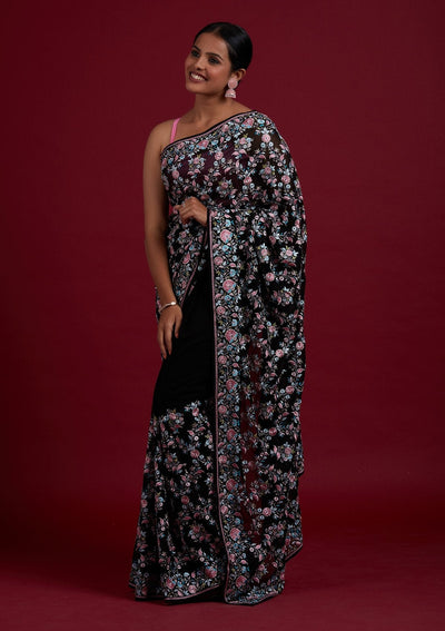 Black Threadwork Georgette Designer Saree - Koskii
