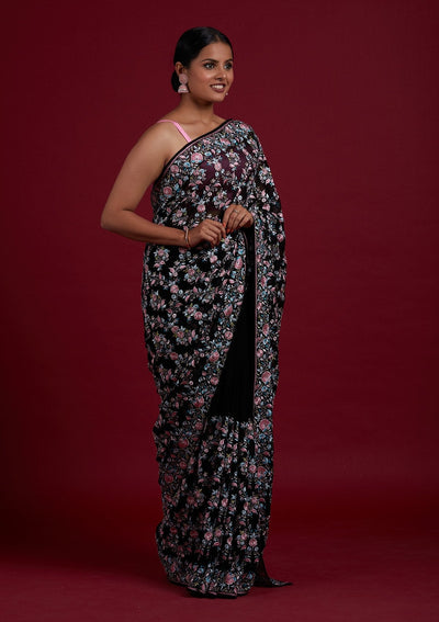 Black Threadwork Georgette Designer Saree - Koskii