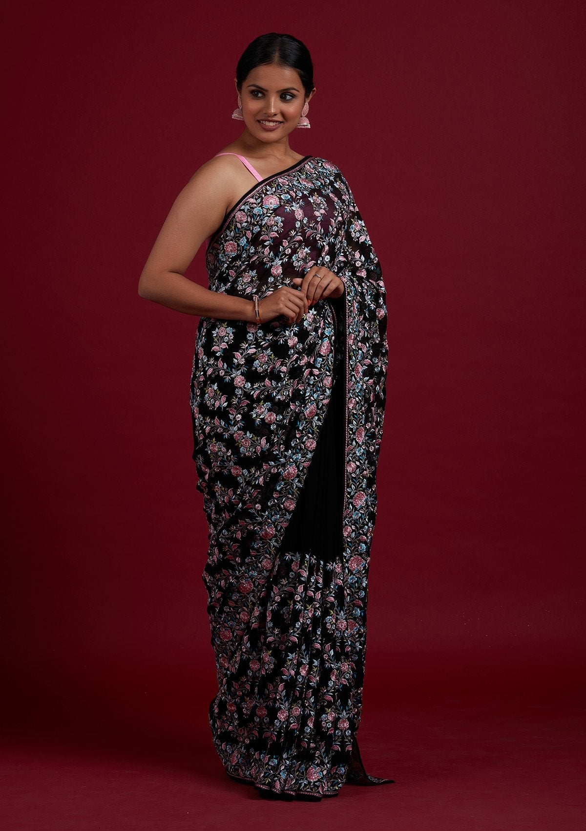 Black Threadwork Georgette Designer Saree - Koskii