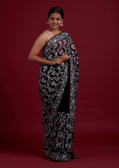 Black Threadwork Georgette Designer Saree - Koskii