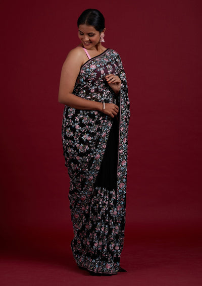 Black Threadwork Georgette Designer Saree - Koskii