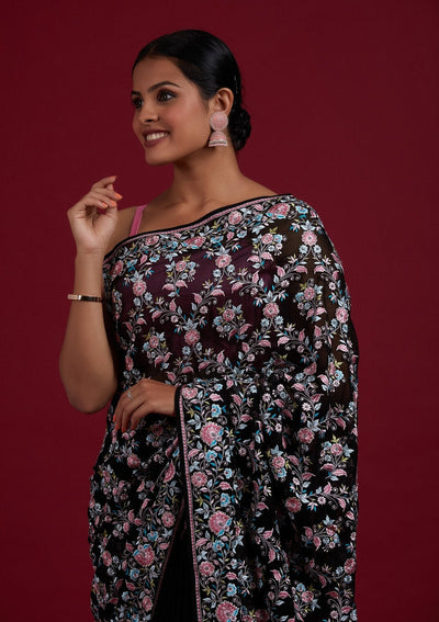 Black Threadwork Georgette Designer Saree - Koskii