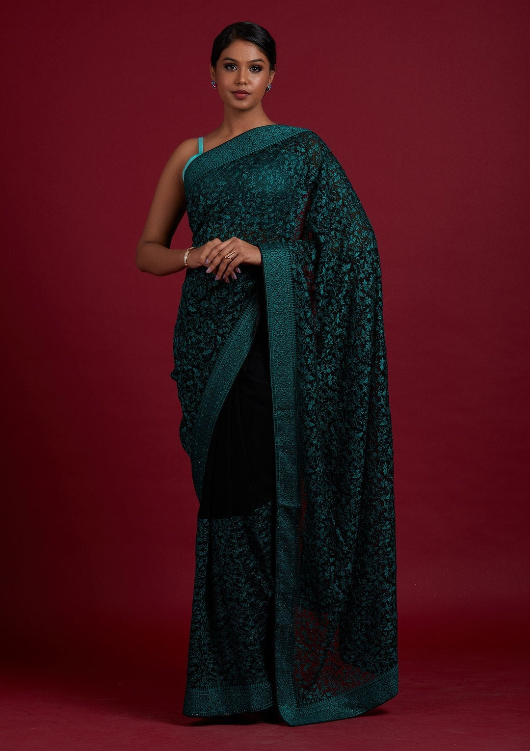 Black Threadwork Georgette Designer Saree - Koskii