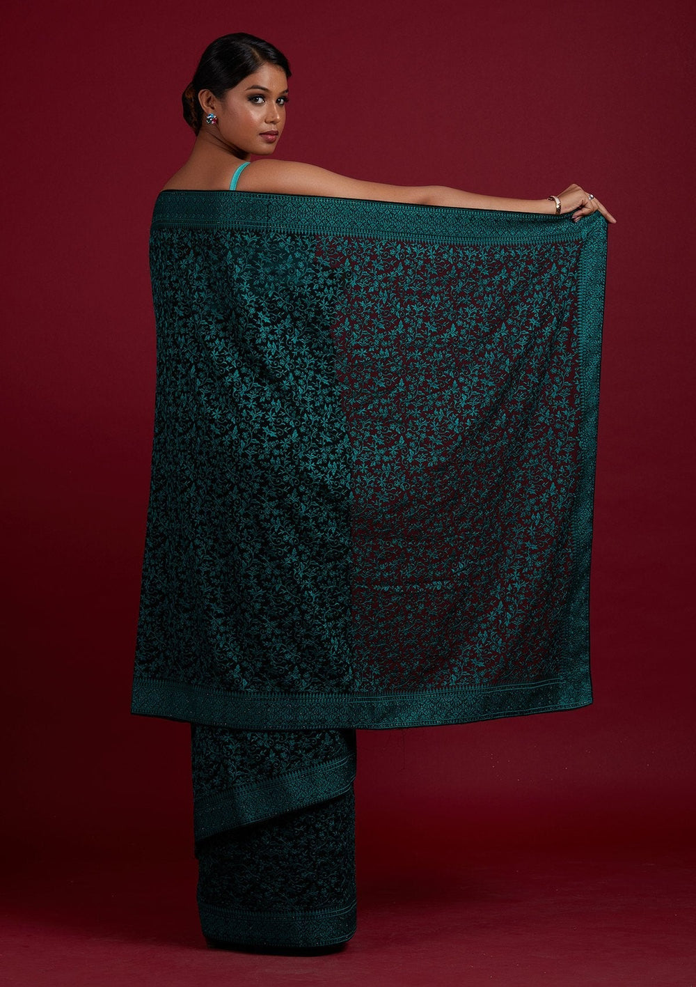 Black Threadwork Georgette Designer Saree - Koskii