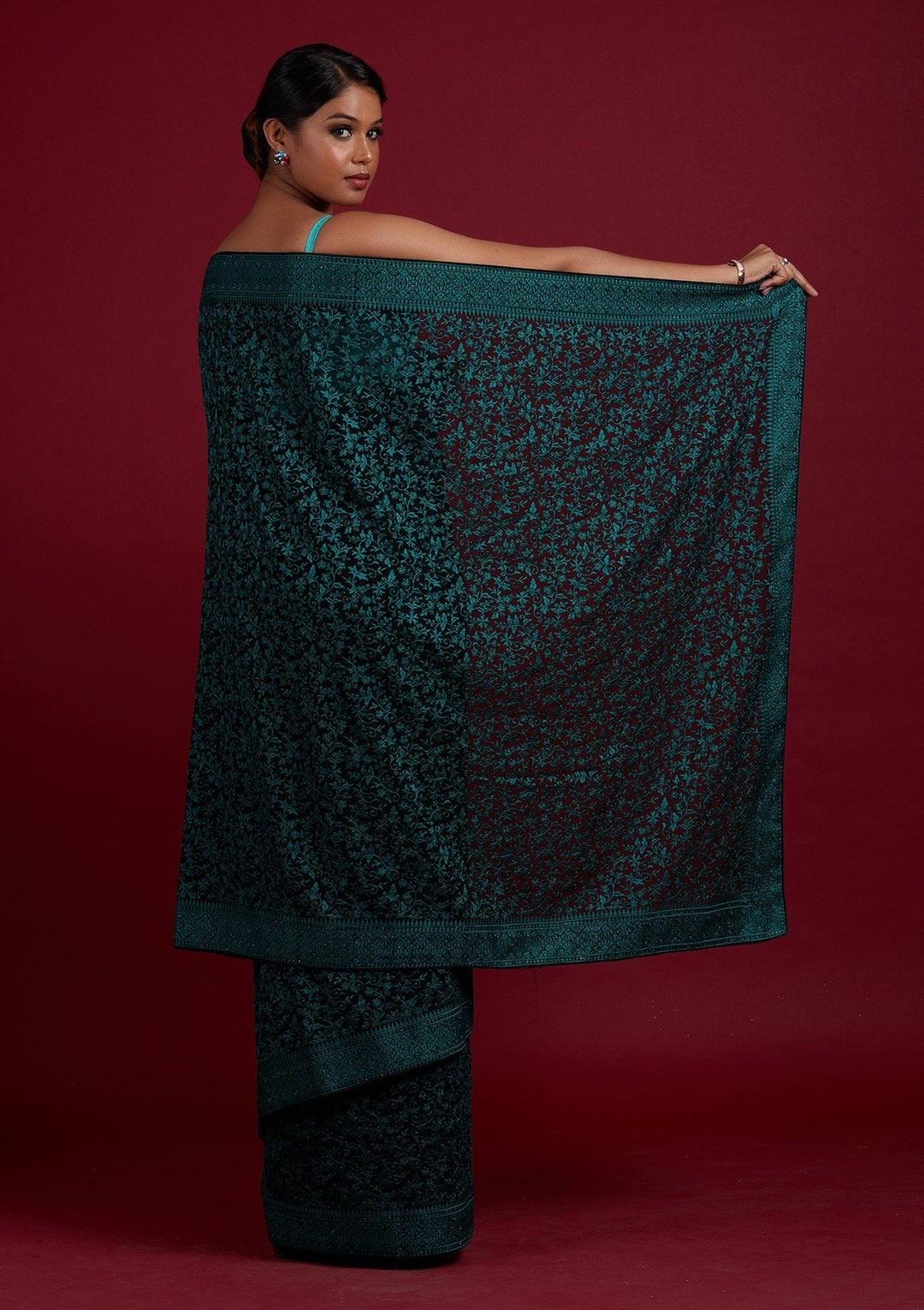 Black Threadwork Georgette Designer Saree - Koskii