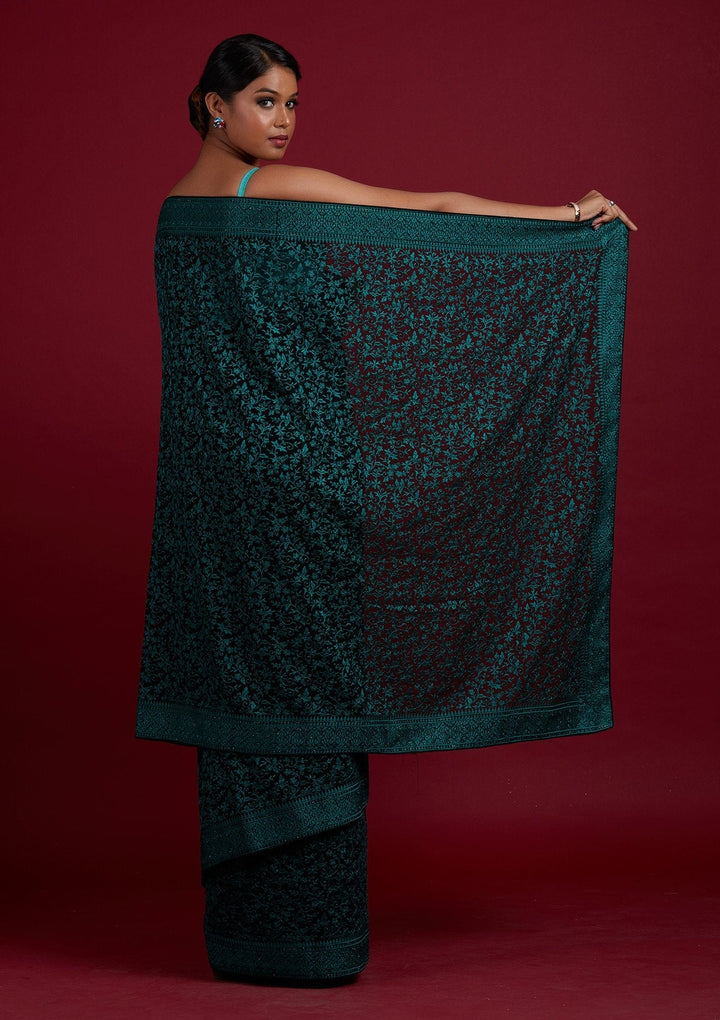 Black Threadwork Georgette Designer Saree - Koskii