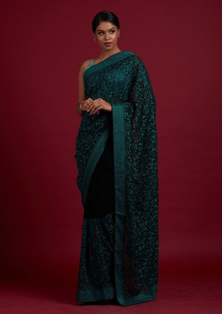 Black Threadwork Georgette Designer Saree - Koskii