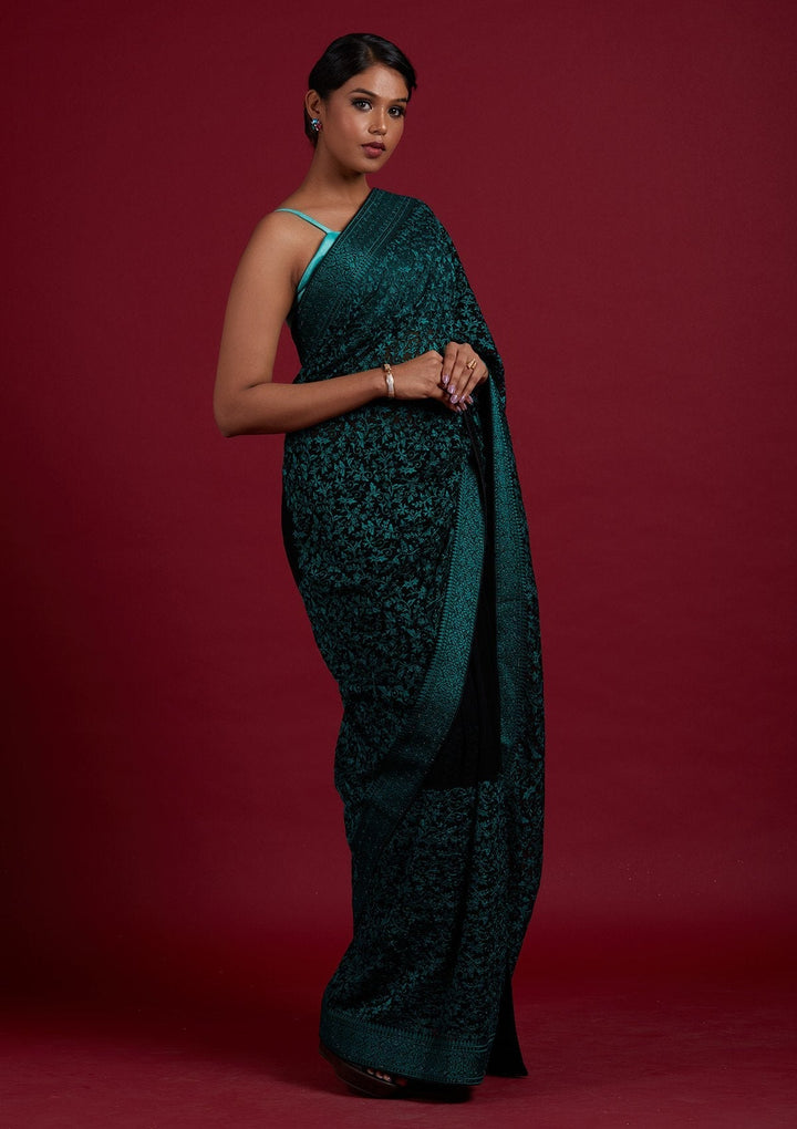 Black Threadwork Georgette Designer Saree - Koskii