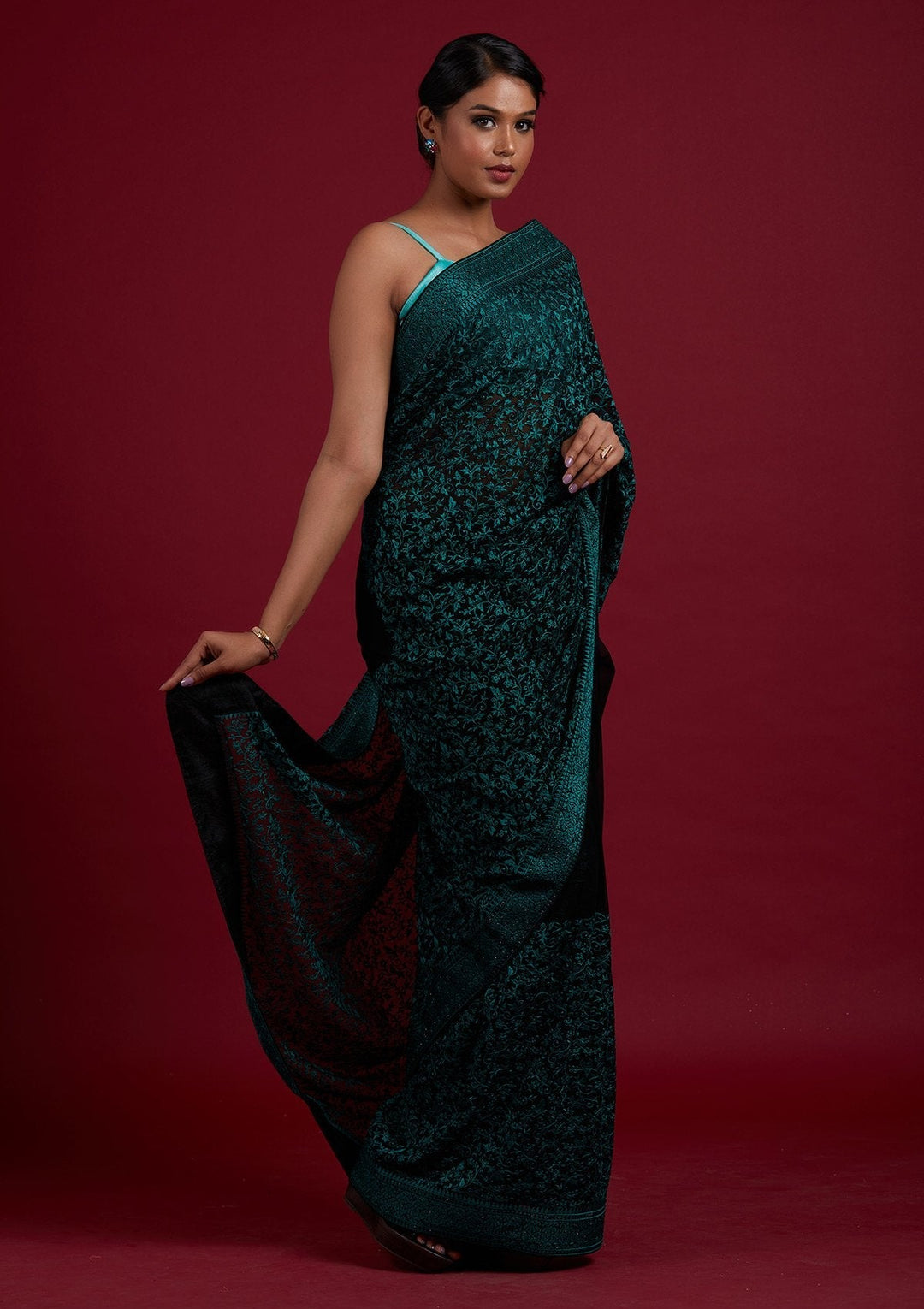 Black Threadwork Georgette Designer Saree - Koskii