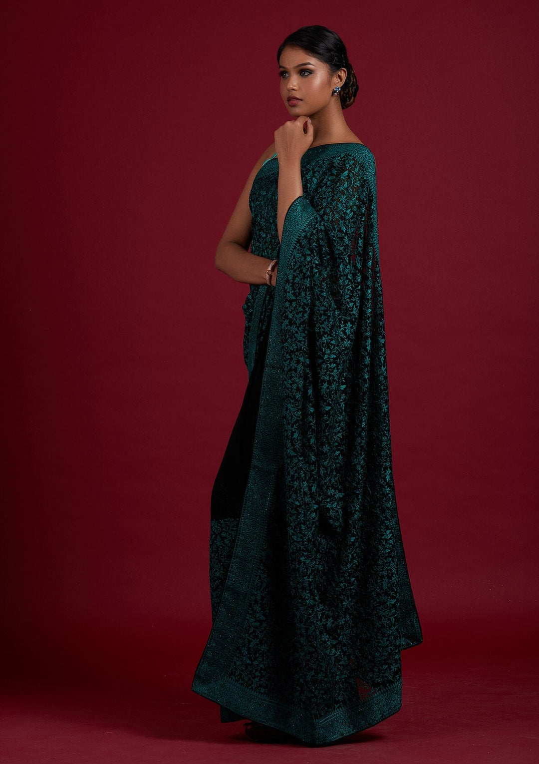 Black Threadwork Georgette Designer Saree - Koskii