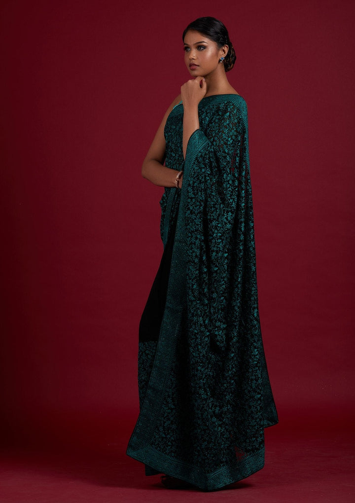 Black Threadwork Georgette Designer Saree - Koskii