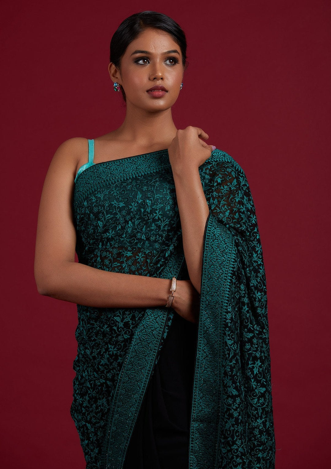 Black Threadwork Georgette Designer Saree - Koskii