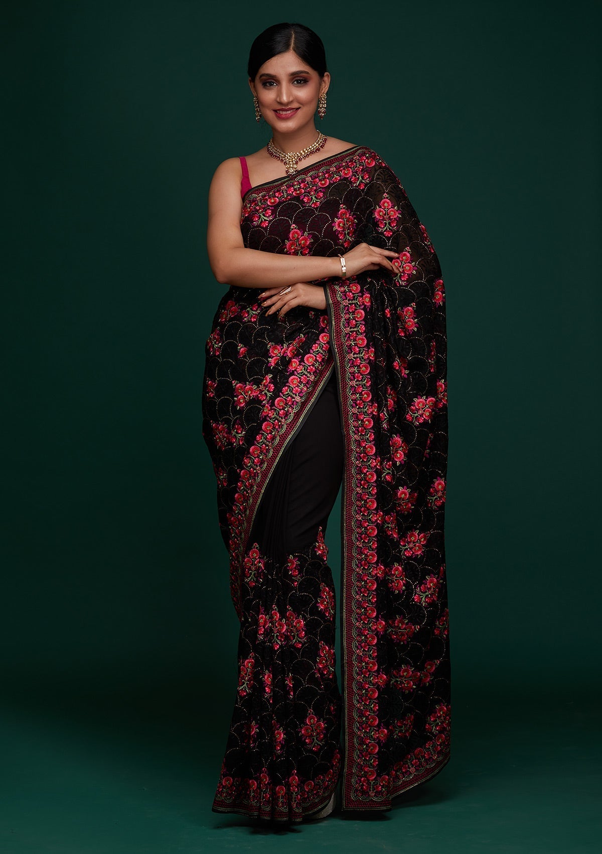 Black Threadwork Georgette Designer Saree - Koskii