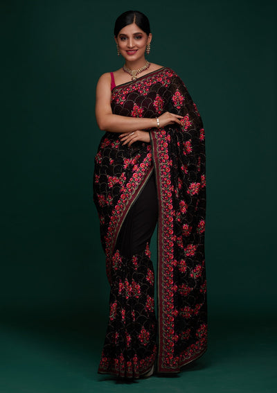 Black Threadwork Georgette Designer Saree - Koskii