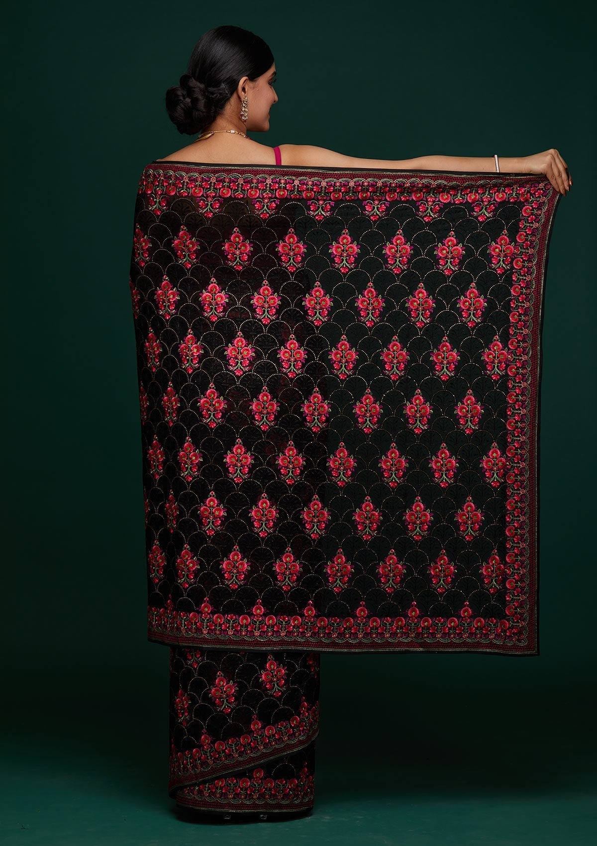 Black Threadwork Georgette Designer Saree - Koskii