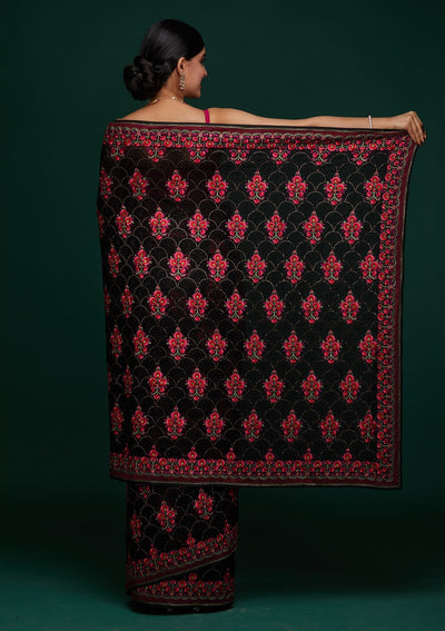 Black Threadwork Georgette Designer Saree - Koskii