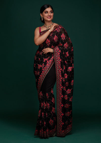 Black Threadwork Georgette Designer Saree - Koskii