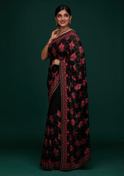 Black Threadwork Georgette Designer Saree - Koskii